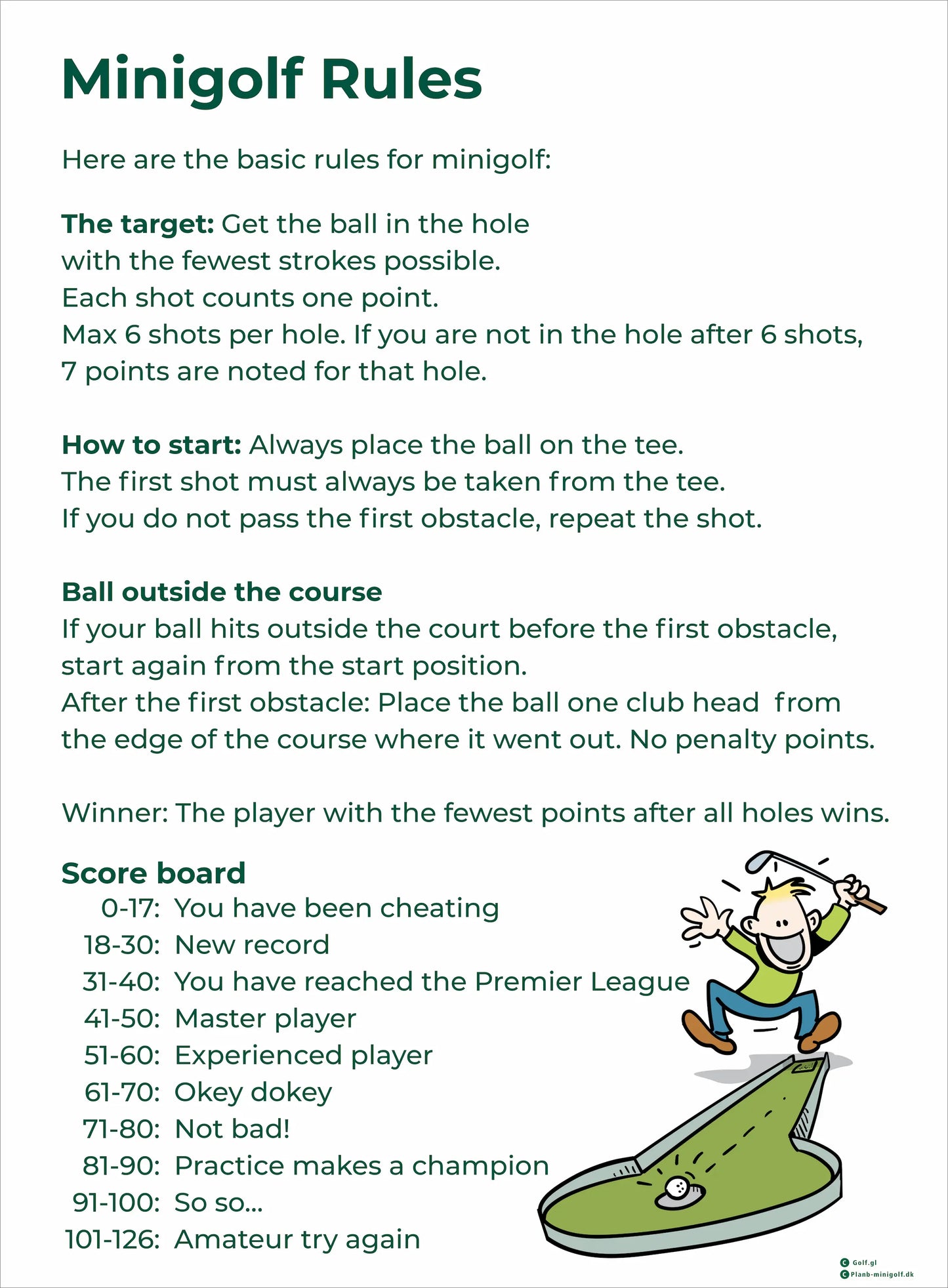Regel skilt til MiniGolf / Adventure Golf på engelsk
