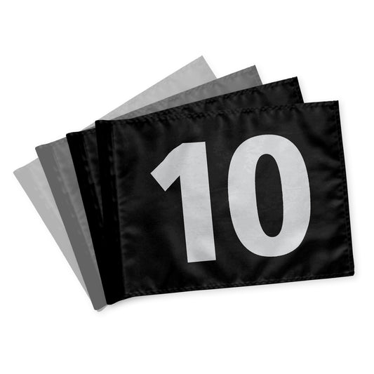Puttinggreenflags 10-18, one-sided, black with white numbers, 200 gram fabric