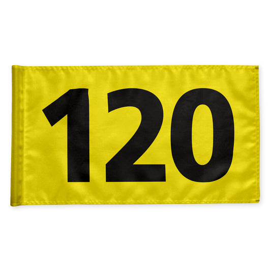 Driving range distance marker flag 120 m, yellow with black digits, double 115 gram fabric