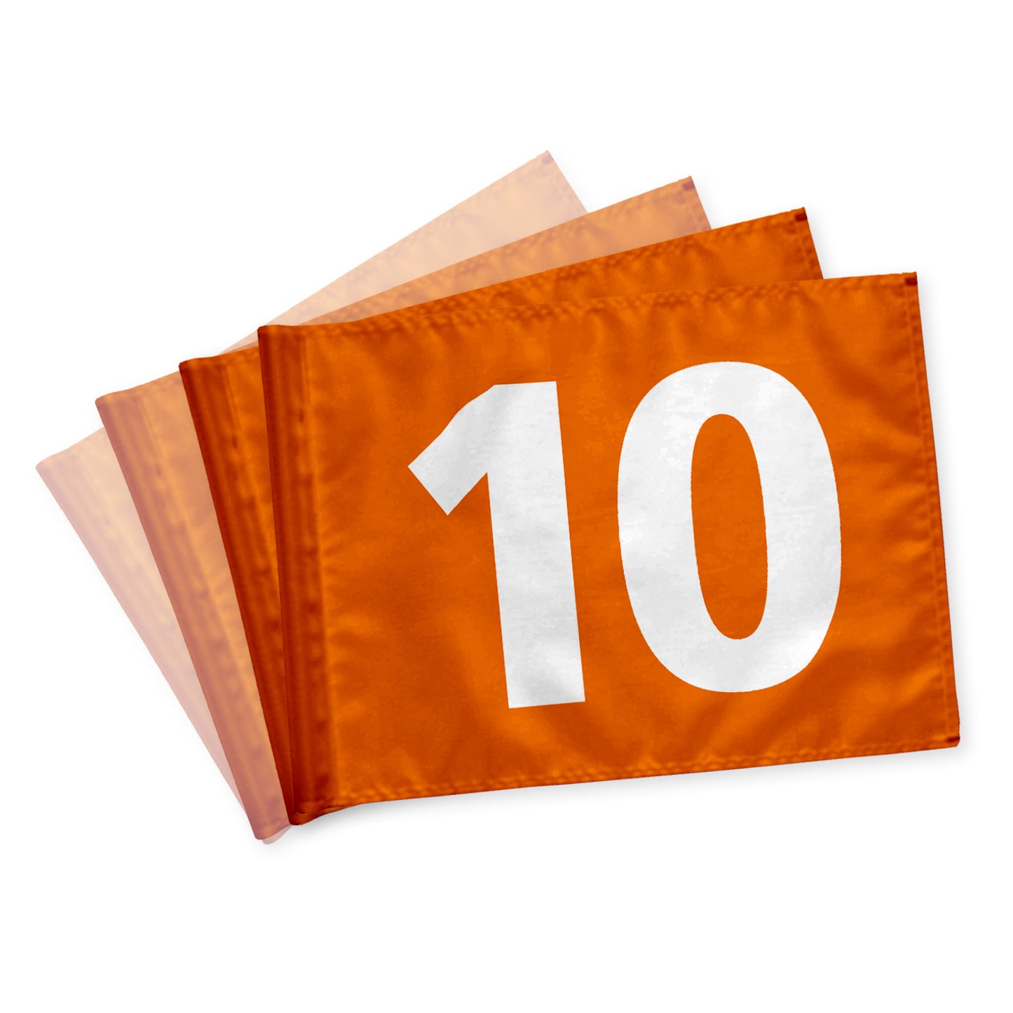 Puttinggreenflags 10-18, orange with white numbers, double-sided, 200 gram fabric